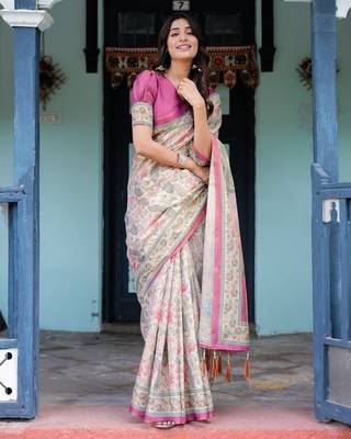 Graceful handloom cotton saree with artistic floral print & tassels 5