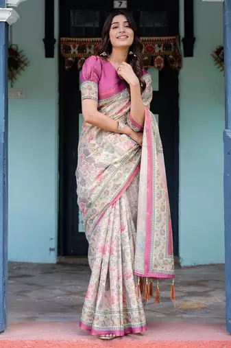 Graceful handloom cotton saree with artistic floral print & tassels