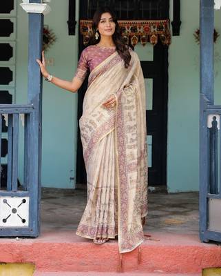 Designer floral print handloom cotton saree with tassel pallu & blouse 1
