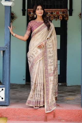 Designer floral print handloom cotton saree with tassel pallu & blouse
