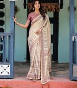 Designer floral print handloom cotton saree with tassel pallu & blouse