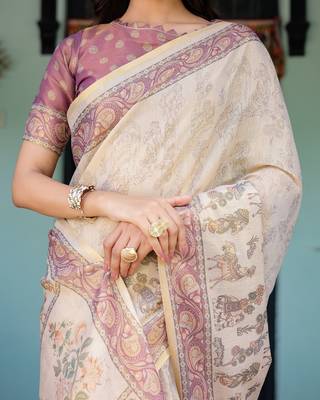 Designer floral print handloom cotton saree with tassel pallu & blouse 2