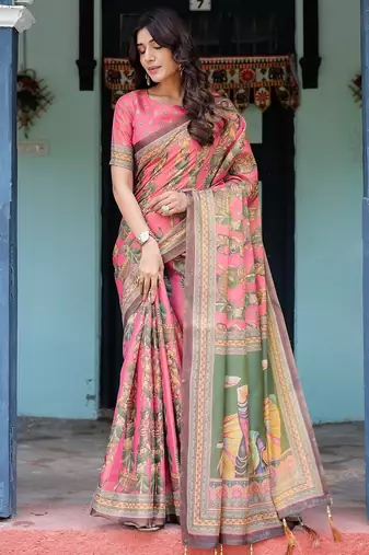Cotton handloom saree with digital floral print and tassels – festive wear