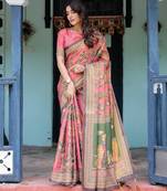 Cotton handloom saree with digital floral print and tassels     festive wear