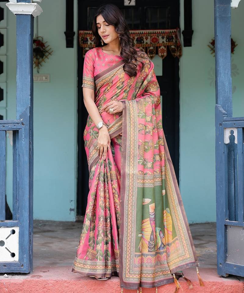 Cotton handloom saree with digital floral print and tassels     festive wear