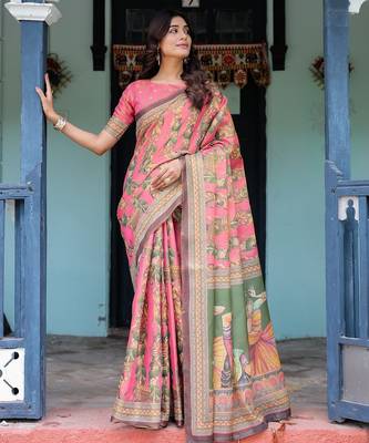 Cotton handloom saree with digital floral print and tassels     festive wear 3
