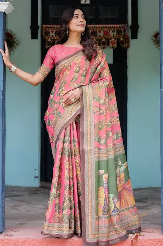 Cotton handloom saree with digital floral print and tassels     festive wear