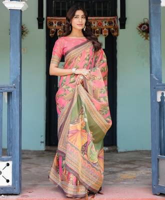Cotton handloom saree with digital floral print and tassels     festive wear 4