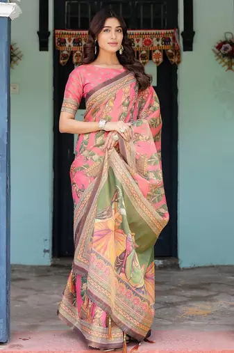 Cotton handloom saree with digital floral print and tassels     festive wear
