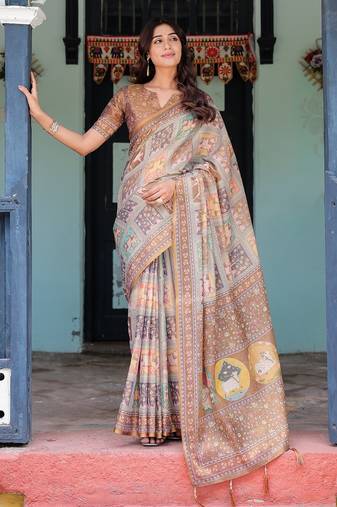 Pastel floral handloom cotton saree with pallu tassels & blouse piece