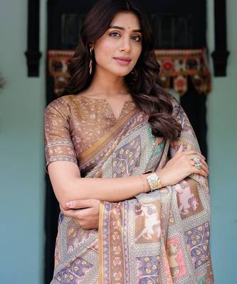 Pastel floral handloom cotton saree with pallu tassels & blouse piece 5
