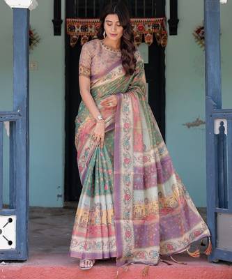 Ethnic handloom cotton saree with colorful floral print and matching blouse 1