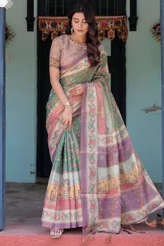 Ethnic handloom cotton saree with colorful floral print and matching blouse