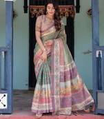 Ethnic handloom cotton saree with colorful floral print and matching blouse