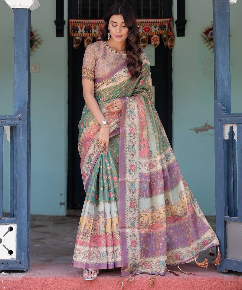 Ethnic handloom cotton saree with colorful floral print and matching blouse