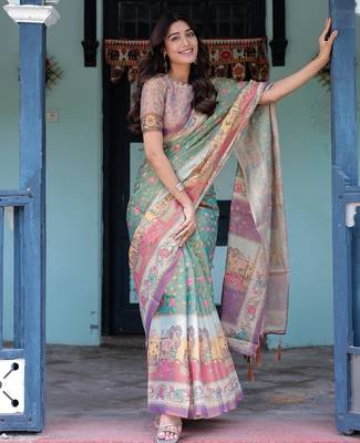 Ethnic handloom cotton saree with colorful floral print and matching blouse 2