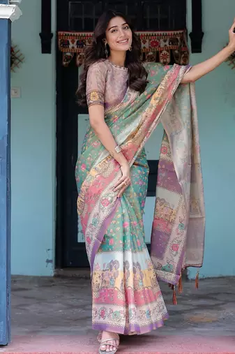 Ethnic handloom cotton saree with colorful floral print and matching blouse
