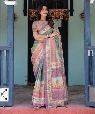 Ethnic handloom cotton saree with colorful floral print and matching blouse 3