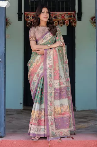 Ethnic handloom cotton saree with colorful floral print and matching blouse