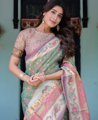 Ethnic handloom cotton saree with colorful floral print and matching blouse 4