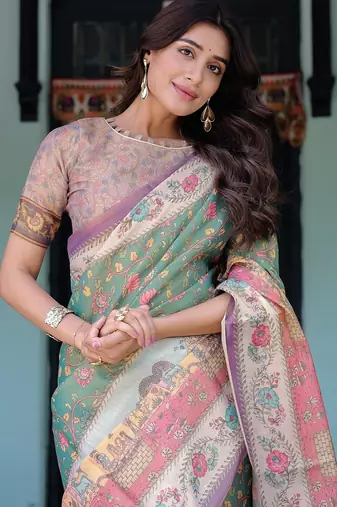 Ethnic handloom cotton saree with colorful floral print and matching blouse