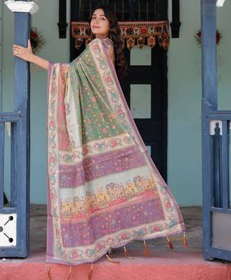 Ethnic handloom cotton saree with colorful floral print and matching blouse 5