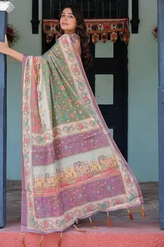 Ethnic handloom cotton saree with colorful floral print and matching blouse