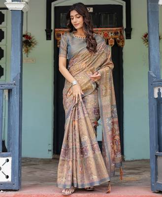 Cotton cotton blend handloom saree with floral motif and tassel border 1
