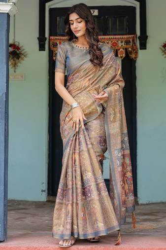 Cotton cotton blend handloom saree with floral motif and tassel border