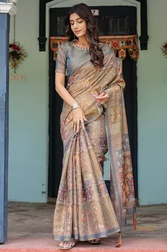 Cotton cotton blend handloom saree with floral motif and tassel border