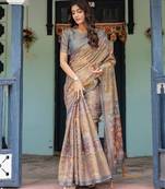 Cotton cotton blend handloom saree with floral motif and tassel border