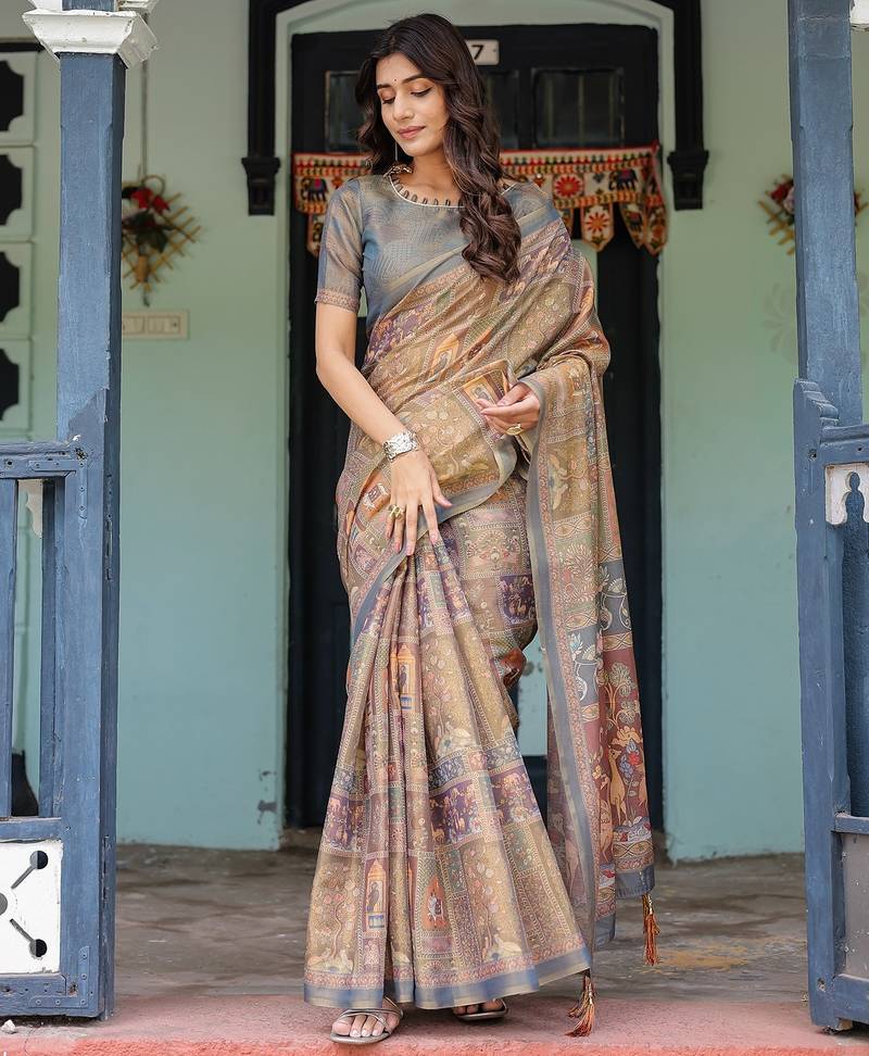Cotton cotton blend handloom saree with floral motif and tassel border