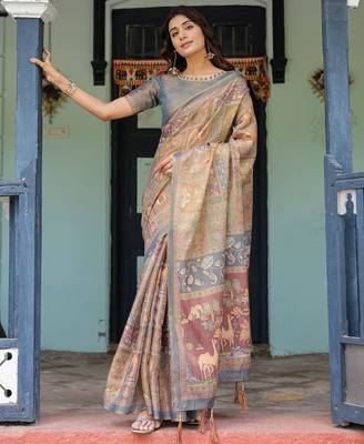Cotton cotton blend handloom saree with floral motif and tassel border 4