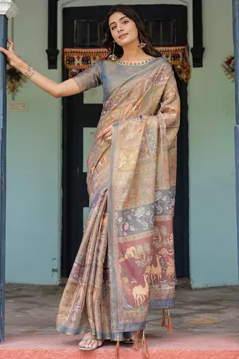 Cotton cotton blend handloom saree with floral motif and tassel border