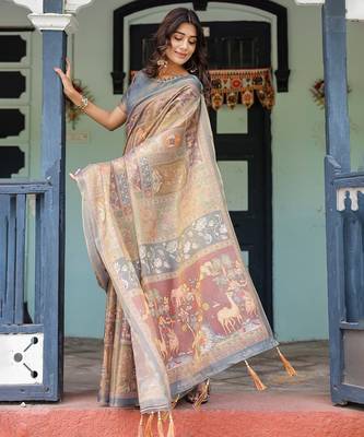 Cotton cotton blend handloom saree with floral motif and tassel border 5