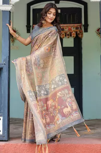 Cotton cotton blend handloom saree with floral motif and tassel border