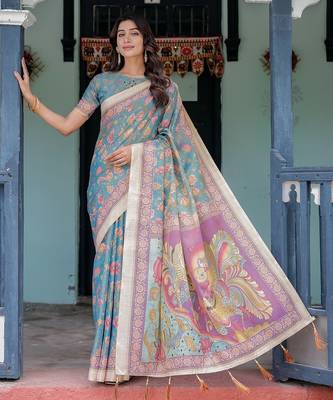 Women   s handloom cotton saree     floral printed with attached blouse & tassels 1