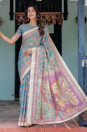 Women’s handloom cotton saree – floral printed with attached blouse & tassels
