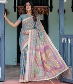 Women   s handloom cotton saree     floral printed with attached blouse & tassels