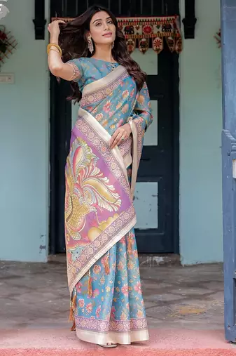 Women   s handloom cotton saree     floral printed with attached blouse & tassels