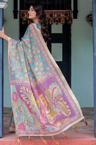Women   s handloom cotton saree     floral printed with attached blouse & tassels