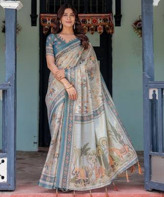 Premium floral print handloom cotton saree with pallu tassels     5.5m 1