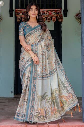 Premium floral print handloom cotton saree with pallu tassels – 5.5m