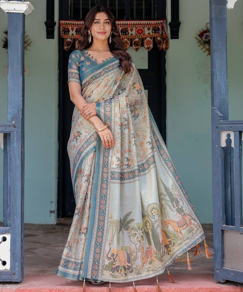 Premium floral print handloom cotton saree with pallu tassels     5.5m