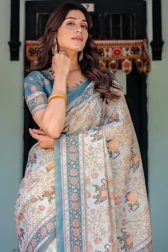 Premium floral print handloom cotton saree with pallu tassels     5.5m