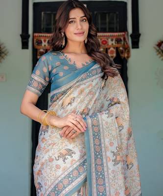 Premium floral print handloom cotton saree with pallu tassels     5.5m 3