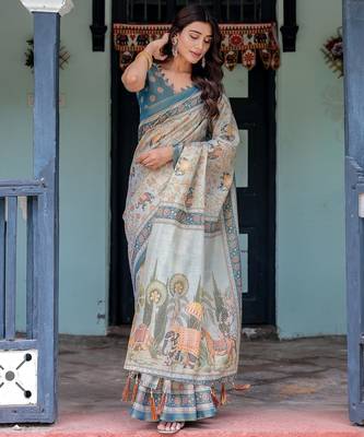 Premium floral print handloom cotton saree with pallu tassels     5.5m 4