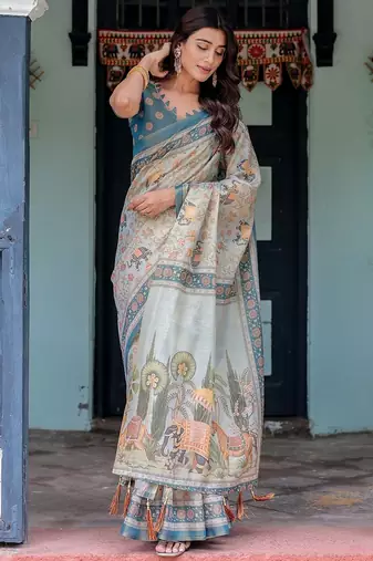 Premium floral print handloom cotton saree with pallu tassels     5.5m