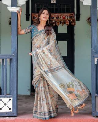 Premium floral print handloom cotton saree with pallu tassels     5.5m 5
