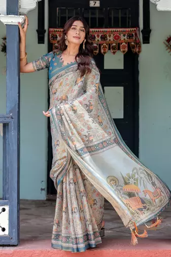 Premium floral print handloom cotton saree with pallu tassels     5.5m